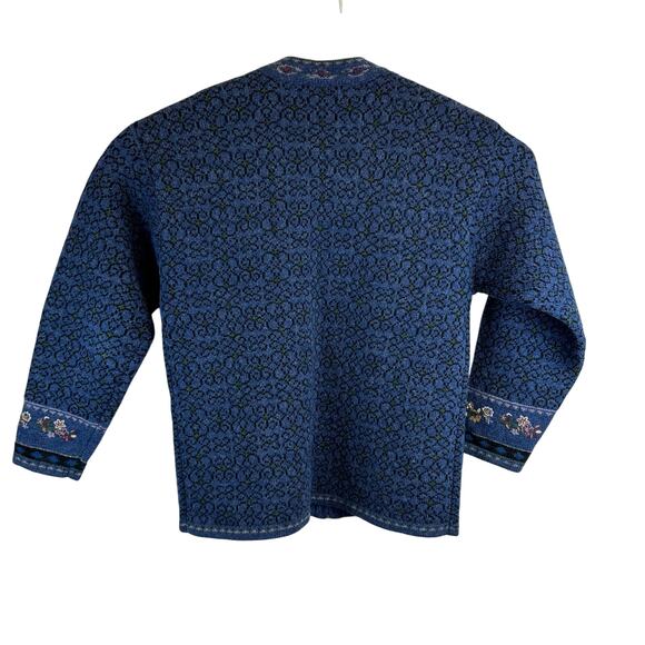 Newton Trading Co Blue Floral Shetland Wool Zip Sweater Womens Medium Grandma - Picture 11 of 16